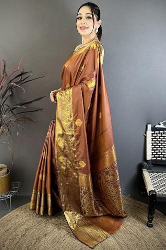 Image of SGF11 Women's Kanjivaram Pure Soft Silk Saree With Unstiched Blouse Piece (Brown)