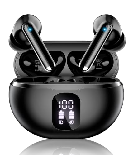 Image of Wireless Earbuds, Bluetooth 5.4 Ear Buds Bass Stereo, Headphones with Noise Cancelling Mic, LED Display in Ear Earphones Clear Calls, IP7 Waterproof Bluetooth Earbuds for Phone /Android /iPad Dark Black