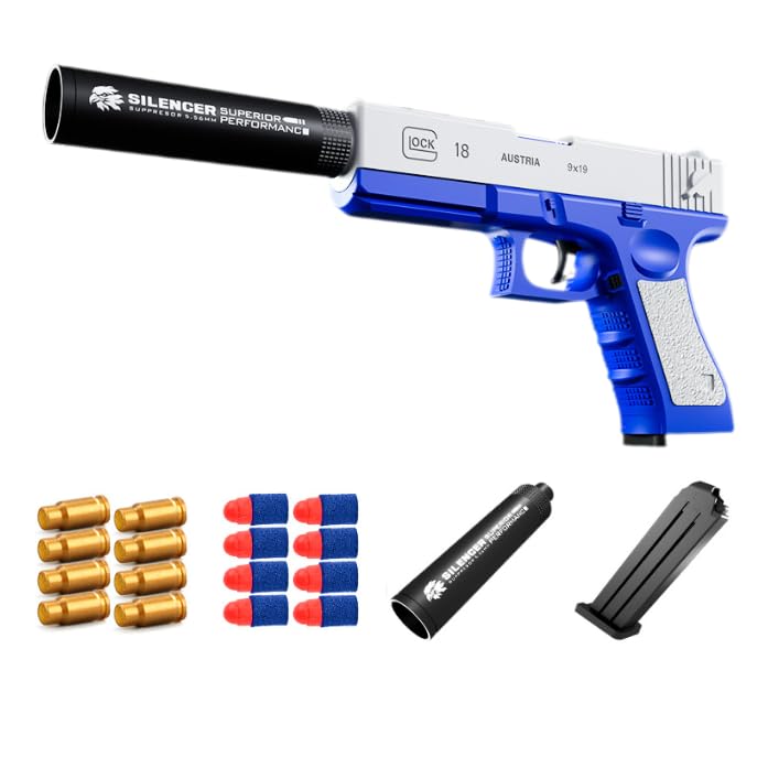 Pistola de juguete, lanzador de balas de goma, viene con cargador y balas de goma, adecuado para entrenamiento o juego, regalo de cumpleaños y Navidad, adecuado para mayores de 14 años(Blue and white)