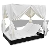 Tumbona Doble de Ratán de Jardín, Cama con Toldo y Cortinas, Estructura de Acero, Respaldo Ajustable 7 Posiciones, para Balcón Patio Piscina 197 x 140 x 180 cm
