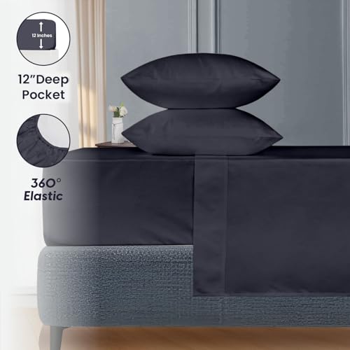 Image of SGI Bedding 120 inchx80 inch 4 Pc Family King Sheet Set 600 TC 12 inch Deep, Dark Gray