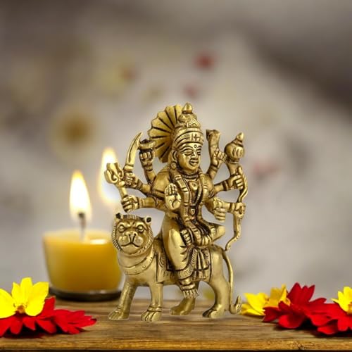 Image of 100% Pure Brass Maa Durga Devi Idol /Murti /Statue Sherawali Idol /Statue for Navratri Home Diwali Decoration and Diwali Gifts Height:- 4.49 Inches