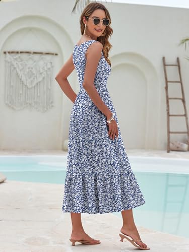 Image of AUSELILY Womens Summer Maxi Dress Casual Sleeveless V Neck Floral Dresses | A line shape with practical side pockets, Vacation dress for resort walks, Pair with low heels and simple jewelry