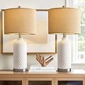 G-SAFAVA 24.25" Modern White Ceramic Table Lamps Set of 2, Boho Farmhouse Bedside Lamps with White Linen Shades, Perfect for Living Room, Bedroom Nightstands, and End Tables