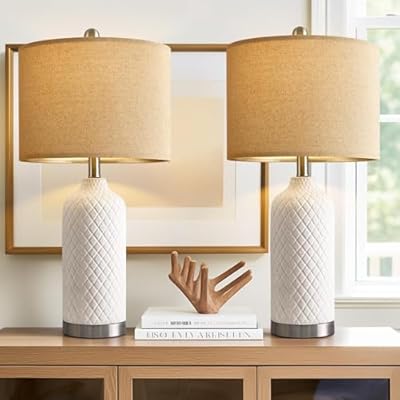 G-SAFAVA 24.25" Modern White Ceramic Table Lamps Set of 2, Boho Farmhouse Bedside Lamps with White Linen Shades, Perfect for Living Room, Bedroom Nightstands, and End Tables