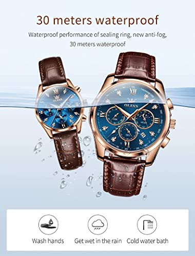 OLEVS Valentines Couple Pair Quartz Watches His and Her Couple Set Leather Chronograph Diamond Wrist Watch Men Women Lovers Wedding Romantic Gifts Set of 2