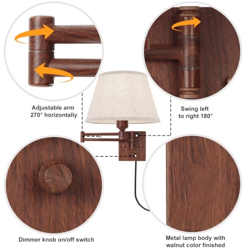 Image of TRLIFE Wall Sconce Plug in, Remote Control Dimming 10-100% and Adjustable Color Temperature 2700K-6500K Swing Arm Wall Lights with Plug in Cord, 11.8 inch Large Beige Fabric Shade(2 Pack, Walnut Color)
