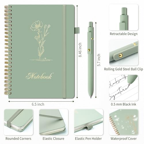 YOXMJDB Lined Spiral Notebook & Gel Pen Set, Small A5 College Ruled Notebook, 140 Pages Hardcover Notebook Journal for Women, To Do List Notebook for Work, Bible, and Meeting (A5, Green - with a pen)