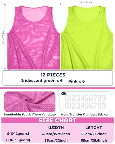 Image of Boyiee Pinnies Scrimmage Vests, Youth Pinnies Nylon Mesh Team Practice Jersey for Sports Basketball Soccer Football(Fluorescent Green,Pink,12 Pcs)