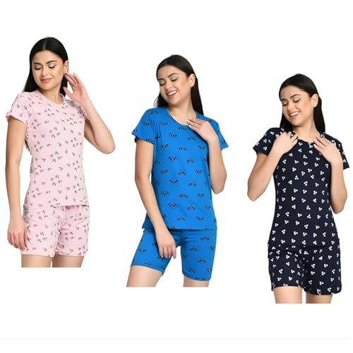 Image of IndiWeaves Women Cotton Printed Night Suit Set Pack of 3 | Soft Cotton Tops and Shorts Sleepwear | Comfortable Breathable Nightwear & Loungewear for Women