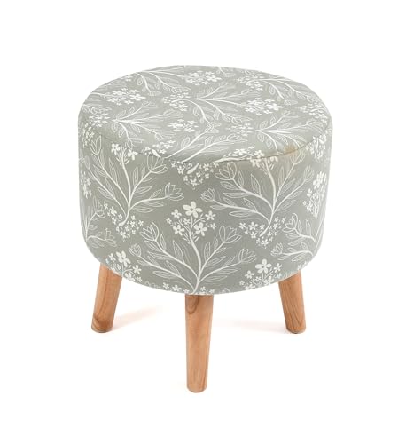 Image of NACIA Printed Ottoman Stool Set of 2 | Soft Cushioned Velvet Pouf Footrest with Wooden Legs | Decorative Seating Stool for Bedroom Living Room Home & Office (16x16x17 Inch, Green Leaf)
