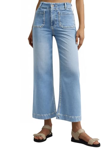 Tankaneo Wide Leg Jeans for Women Trendy High Waisted Flare Stretchy Jeans Cropped Baggy Denim Pants with Front Patch Pockets