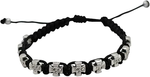 Miniatura 2 de Pulsera de cordón tejido negro Hermosas cuentas de medalla religiosa en forma de cruz Sagrado Corazón y Corazón Inmaculado de María Ajustable