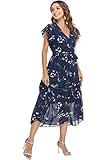 VintageClothing Womens Sundress Casual Floral Summer Boho Dress Flowy Wrap V Neck Ruffle A-Line Pleated Hem Midi Dresses, Navy with Floral, S