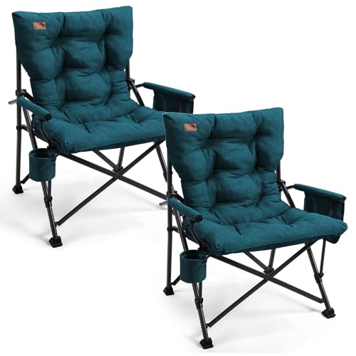 Image of EVER ADVANCED Padded Oversized Folding Camping Chair for Adults, Heavy Duty Lawn Chair with Side Pockets, Portable Collapsible Quad Chair for Outside, Support Up to 500lbs, Green 2Pack