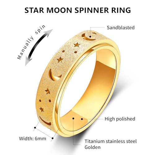 AmorArtSky Anxiety Ring for Women Men, Titanium Stainless Steel Spinner Ring, 5 Colors, 6MM, Size 6-10, 3 Styles Anxiety Ring-Moon Star, Sandblasted Finished, Hollow Outer - Image 8