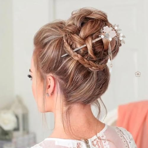 Image of MAYCREATE Hair Stick Floral Metal Pearl Tassel Rhinestone Bun Accessory