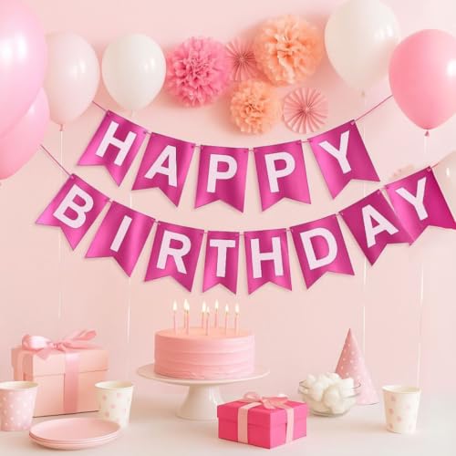 Image of Wanna Party Metallic Pink Happy Birthday Banner,Pink and Silver Party Decorations Sign for Birthday Decor,Backdrop for Birthday Decoration Items for Kids & Adults (Paper)