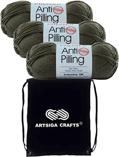 Image of Premier Yarns Anti-Pilling Everyday DK Khaki 1107-64 (3-Skeins - Same Dye Lot) DK Light Worsted #3 Anti-Pilling Acrylic Yarn for Crocheting and Knitting with Project Bag