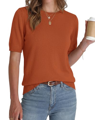 BTFBM Women's Short Sleeve Sweaters 2026 Summer Crew Neck Knit Work Shirts Business Casual Tops Basic Fall Fashion Clothing(Orange Red, Medium) — view 4