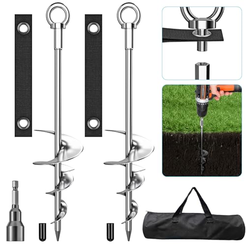 18'' Ground Anchors, Fully Welded Heavy Duty Ground Anchors Screw in Swing Set Anchors Chrome Plating Anti Rust Ground Anchor with Straps for Dogs, Trampoline Stakes Resistant High Wind 2 Pack