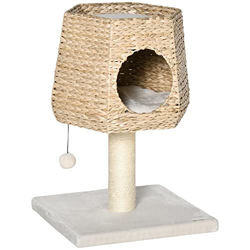 PawHut Árbol Rascador para Gatos Pequeño Altura 66 cm Torre Escalador de Gato con Cueva de Juncos Cama Superior Cojines Poste Rascador de Sisal y Bola Colgante Crema y Natural