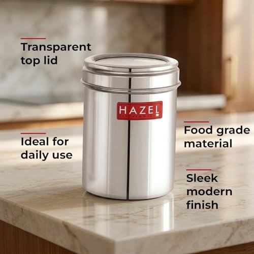 Image of HAZEL Stainless Steel Kitchen Container with Transparent Lid | Top See Through Kitchen Container Set with Matt Finish | Multipurpose Container for Kitchen Storage, 900 ML, Set of 2