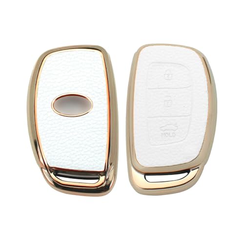 Image of Keyzone Litchi Leather Textured TPU Key Cover & Keychain for Exter, Creta, i20, Aura, Xcent, Tucson, Elantra, Verna, Grand i10 3 Button Smart Key (White)