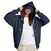 Navy Zip Up Hoodie Women Oversized Sweatshirt, Travel Hoodie with Eye Mask and Secret Pockets,Womens Fleece Jacket Full Zip with Hood, Ladies Long Sleeve Sweatshirt Drawstring Hoodies L #5