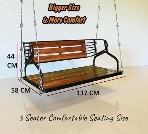 Image of Kaushalendra Hanging Swing for Indoor Outdoor Balcony, 137 cm Stainless Steel & Teak Wood, 350kg Capacity, Pre Assembled, Black Powder Coated, Includes Springs & Hooks