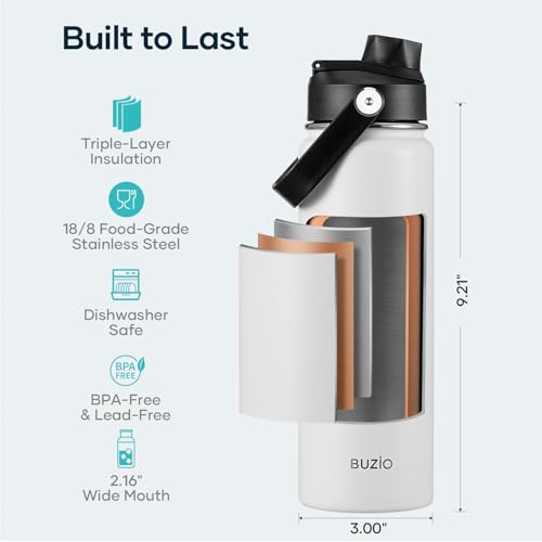 Image of BUZIO 24 oz Insulated Stainless Steel Water Bottle with Straw & Spout Lids