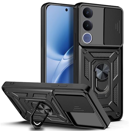 Image of AESTMO Tough Armor VIvo V70 FE 5G Bumper Back Case Cover | Ring Holder & Sliding Camera Shield Cover | 360 Degree Protection Back Case Cover for VIvo V70 FE 5G (Black)