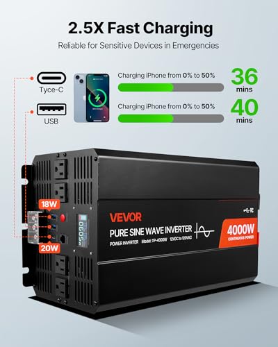 Image of VEVOR 4000W Power Inverter, 12V DC to 120V AC Pure Sine Wave Inverter, Solar Car Charger Converter with LCD Display, Remote Control, 2 USB Ports, 4 AC Outlets, Type-C Port, for RV, Truck Outdoor
