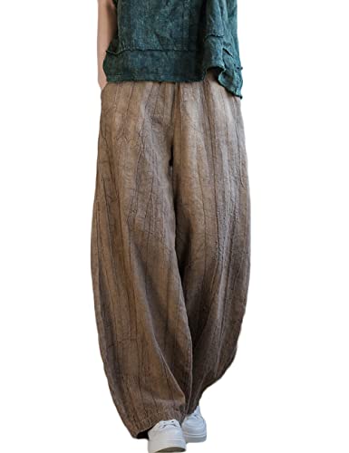 NFYM Women's Casual Distressed Cotton Linen Wide Leg Baggy Pants Elastic Waist Relax Fit Lantern Trouser