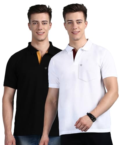 Image of Lux Cozi Men Cotton Regular Fit Polo Neck Half Sleeve Solid Casual T-Shirt with Chest Pocket | Pack of 2 |