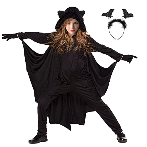 Disfarce de morcego Halloween para meninos e menina com luvas capuz de asas de morcego pretas e asas, disfarce vampiro, Bat capa de morcego para carnaval festa de cosplay Halloween