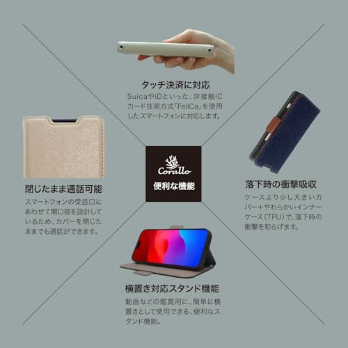 【Corallo】 iPhone 17 Pro 対応 ケース 手帳型 カード入れ スタンド ストラップ 紐付き スマホケース 人工 皮 革 カード 収納 携帯ケース カバー [ iPhone17Pro アイフォン17Pro 対応 ] case NU アリスブルー×グレージュ