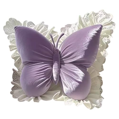 anwhriet Coussin décoratif en forme de papillon, 40 x 45 cm, avec volants en dentelle, oreiller en peluche douce pour salon, chambre à coucher, canapé, lit, voiture