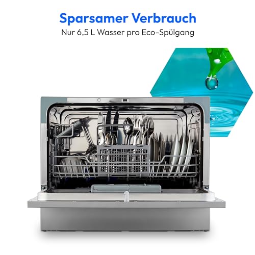 MEDION Tischgeschirrspüler DWT60 (6 Gedecke Fassungsvermögen, 7 Programme, ECO Programm, ca. 6,5 Liter Verbrauch, AquaStop, LED Display, Kindersicherung, MD37496) silber