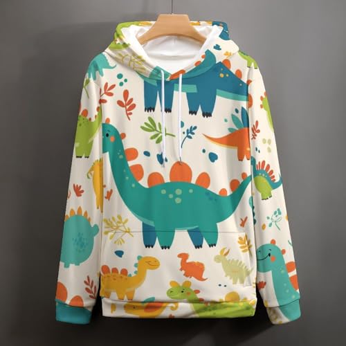Pullover dinosaure bicolore vert et bleu avec capuche et manches longues