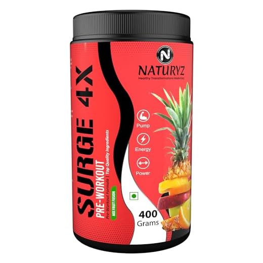 Naturyz Surge 4x Advanced Pre-Workout Supplement with 15 Ingredients for Pump, Energy & Power (30 Servings) – 360 gms Mix Fruit Fusion Flavour