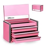 P.I.T. Portable 3 Drawer Steel Tool Box with Magnetic Locking, Pink Micro Top Chest Hand Carry Tool Cases for Tools Storage
