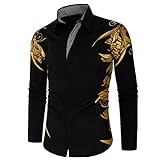 Maiyifu-GJ Mens Print Button Down Dress Shirt Shiny Golden Printed Long Sleeves Shirts Casual Floral Nightclub Shirt Costume (Black,X-Large)