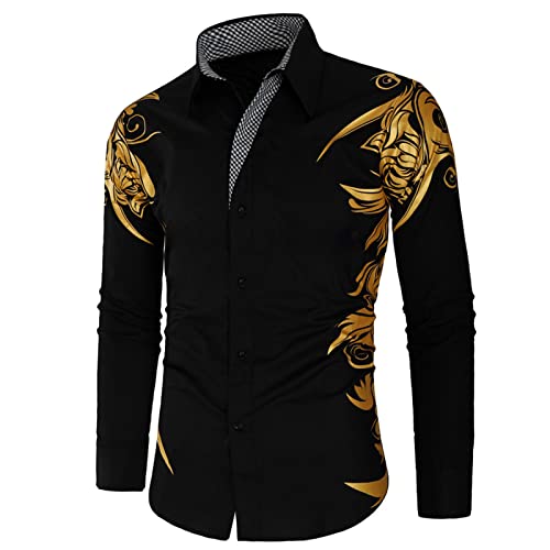 Mens Print Button Down Dress Shirt Shiny Golden Printed Long Sleeves Shirts Casual Floral Nightclub Shirt Costume (Black,Large)