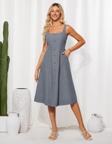Image of GRACE KARIN Women's Summer Dress 2025 Casual Square Neck Flattering A-Line Button Down Midi Tank Sundress with Pockets