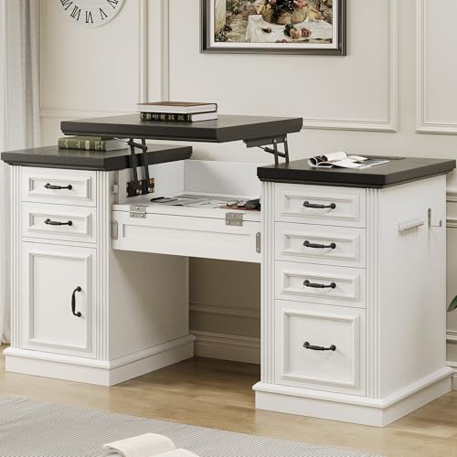Farmhouse 57' Lift Desktop Executive Desk with 6 Drawers and Charging Station, Wood Home Office Computer Desk with File Cabinet Storage, Keyboard Tray,Headphone hook for Work,Study, Antique White