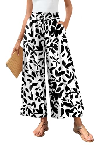 Bestbee Womens Palazzo Pants Dressy Casual Wide Leg Gaucho Pant Business Flowy Slacks Elastic Waist with Pockets, M, Black Leaf-White