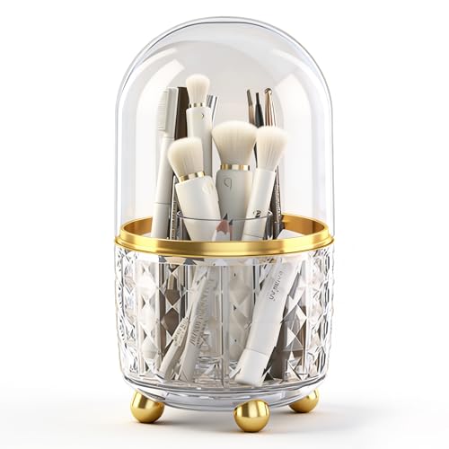 Image of GOTOBA 360 Rotating Pencil Holder for Desk, Makeup Brush Holder with 6 Slots, Desk Organizer for Writing Utensil, Office and School Supplies (Clear with cover)
