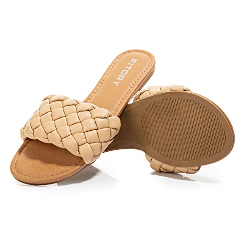 Fitory Womens Flat Sandals Fashion Round Open Toe Slip On Slides With Braided Strap Slippers For Summer Size 8 Apricot #TOP6
