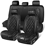 CAR PASS Luxury Leather Car Seat Covers Full Set, 3D Rhombus Waterproof Faux Leather Seat Covers, Universal Automotive Seat Cushion Fit for Sedan SUV Truck Van, Armrest Airbag Compatible Solid Black